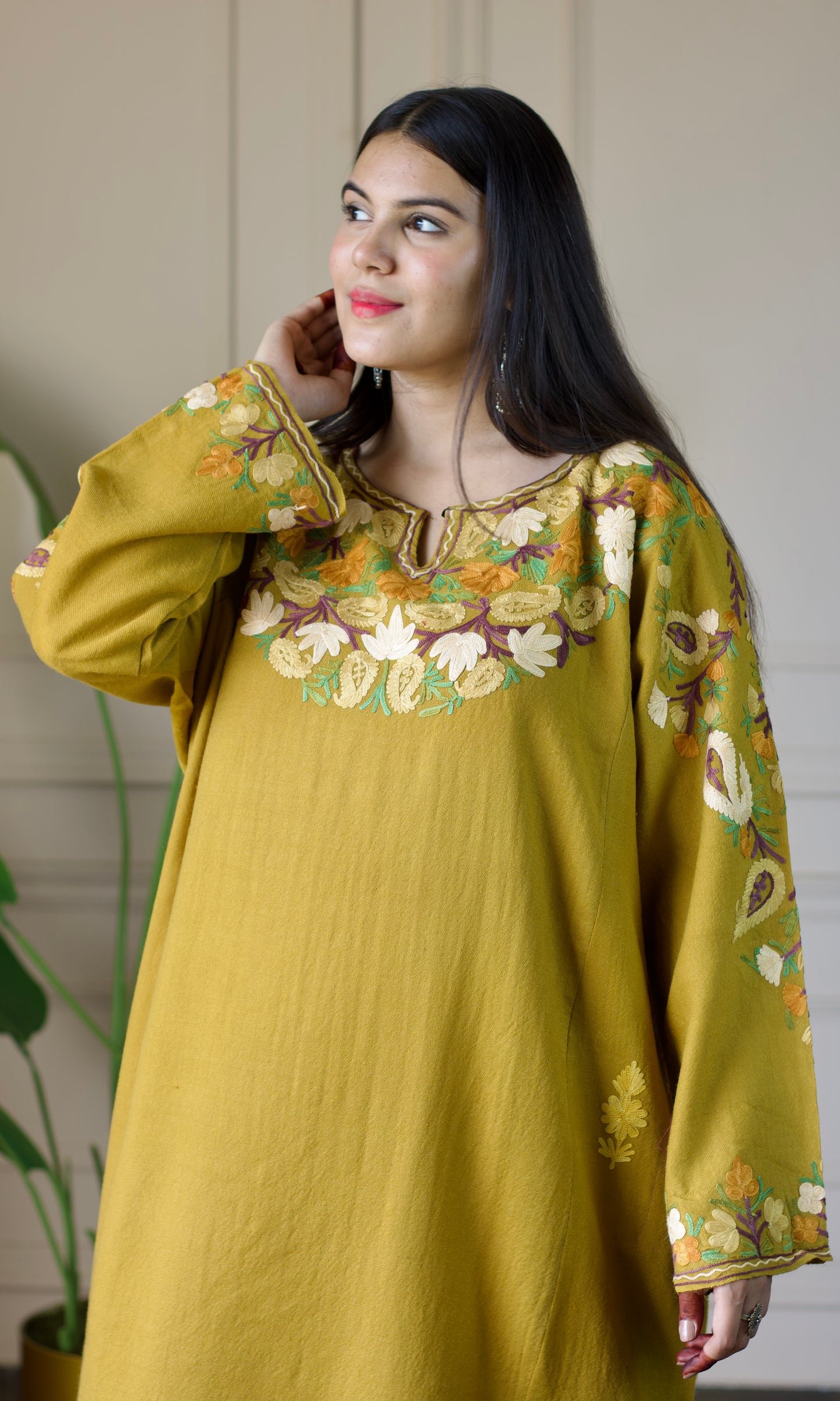 Mustard Aari Embroidered Wool Pheran