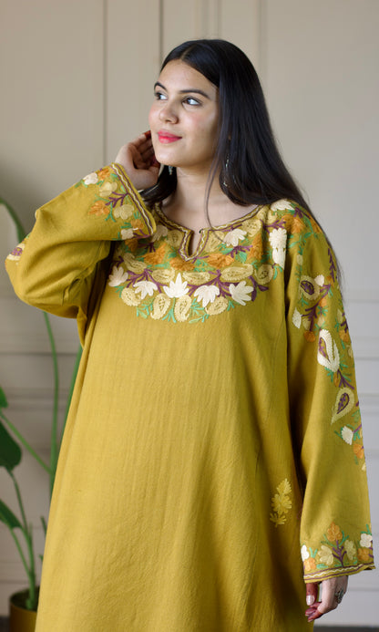 Mustard Aari Embroidered Wool Pheran