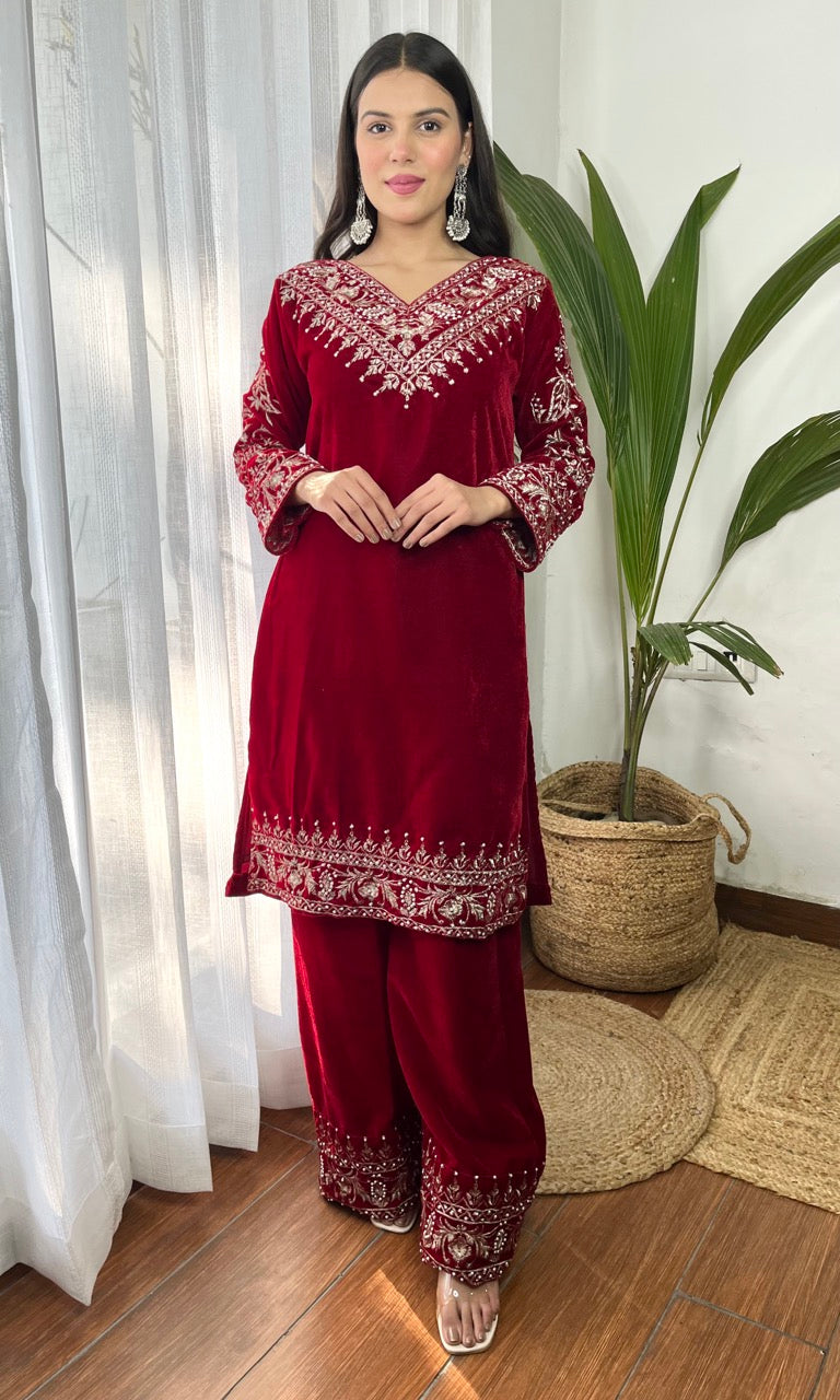 Red Velvet Suit with Flowing Dupatta