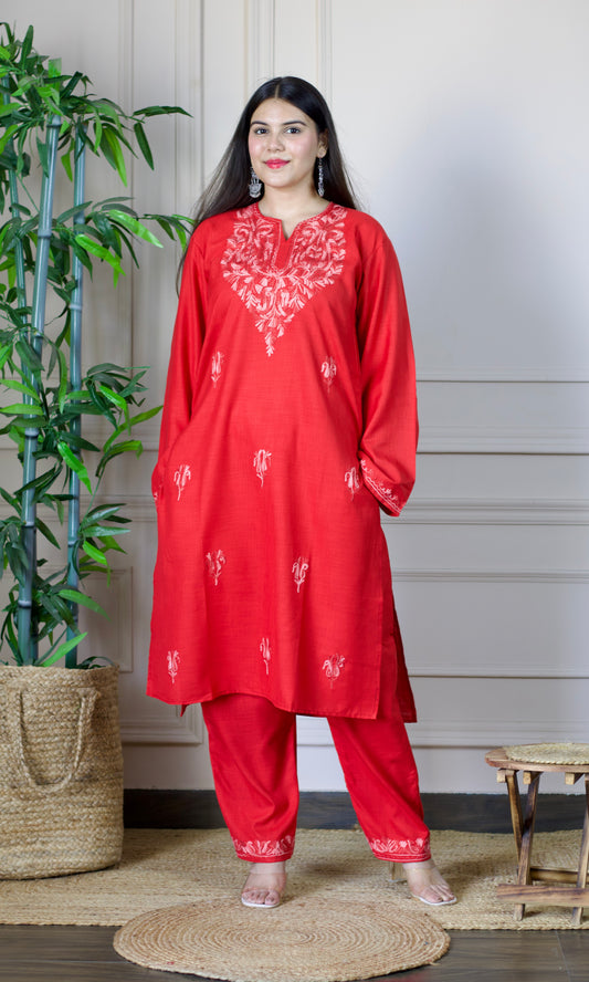 Red Aari Embroidered Cotton Co-ord Set