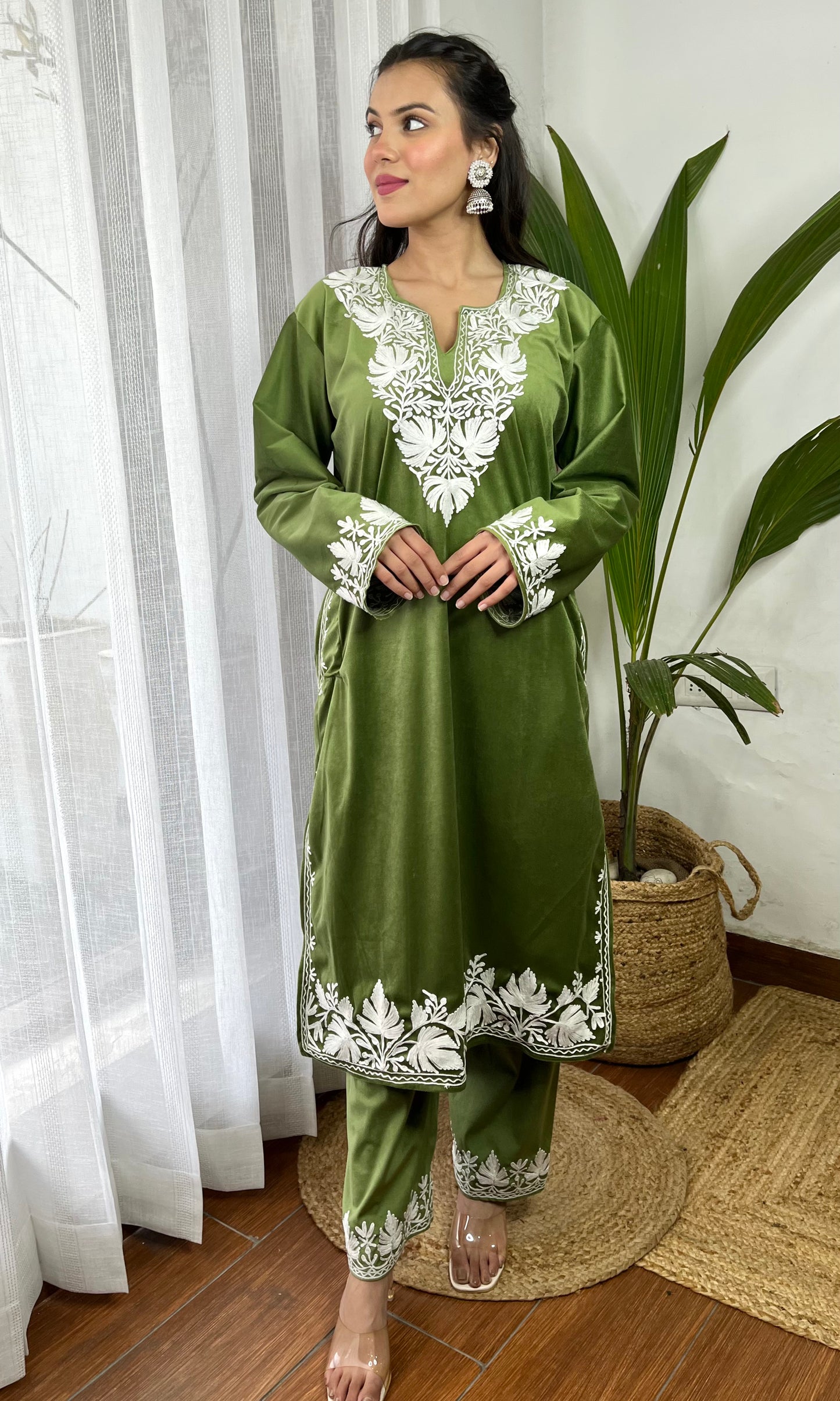 Light Green Aari Embroidered Kashmiri Velvet Suit