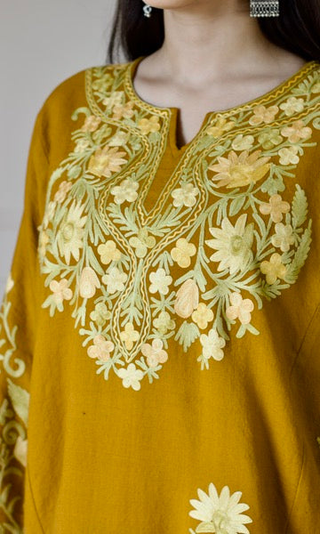 Mustard Aari Embroidered Wool Pheran