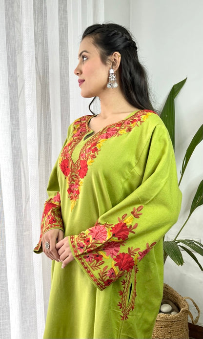 Parrot Green Bliss Pink Aari Embroidered Fine Cashmilon Pheran