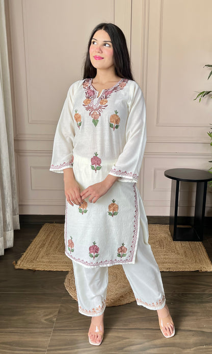 White Aari Embroidered Crushed Cotton Kurti