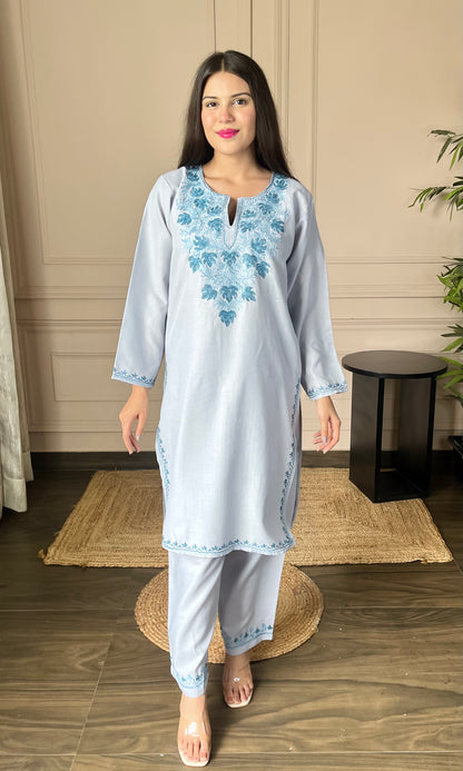 Blue Bliss Aari Embroidered Grey Cotton Co-ord Set