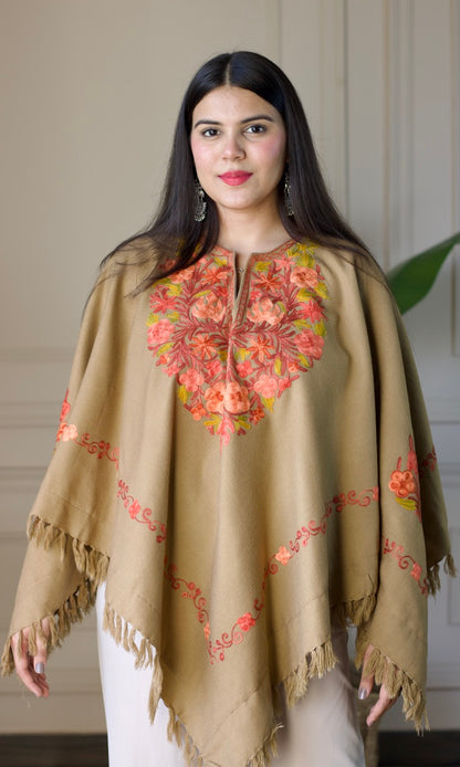 Light Brown Aari Embroidered Fine Cashmilon Poncho