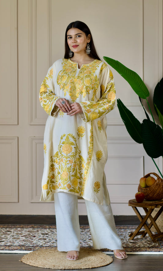 Ivory Bloom Yellow Aari Embroidered Wool Pheran