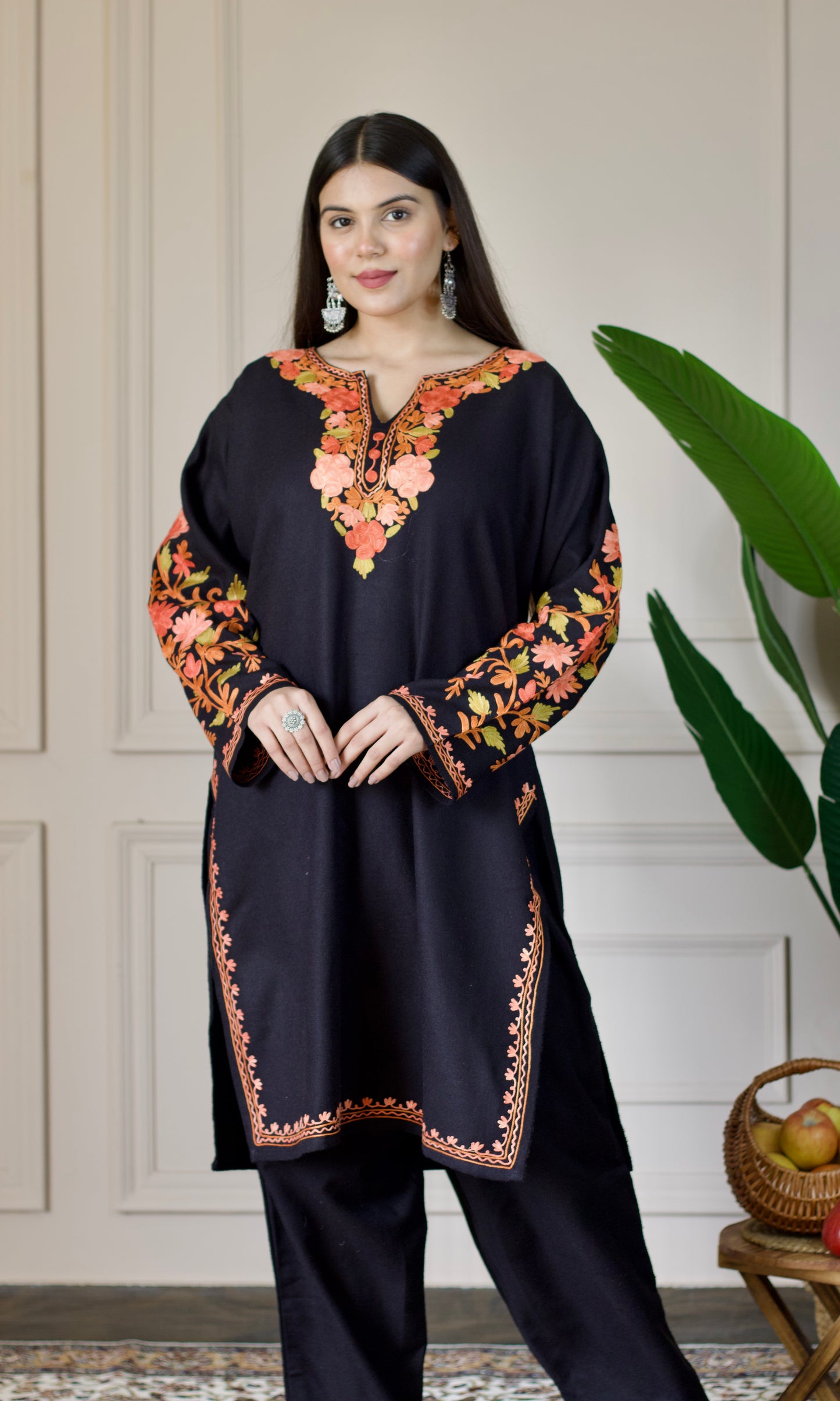 Black Kashmiri Aari Woollen Co-ord Set - Saffron Glow