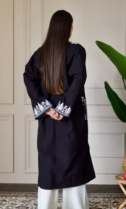 Black Cashmilon Pheran with White Aari Embroidery