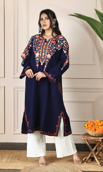 Navy Blue Aari Embroidered Fine Cashmilon Pheran