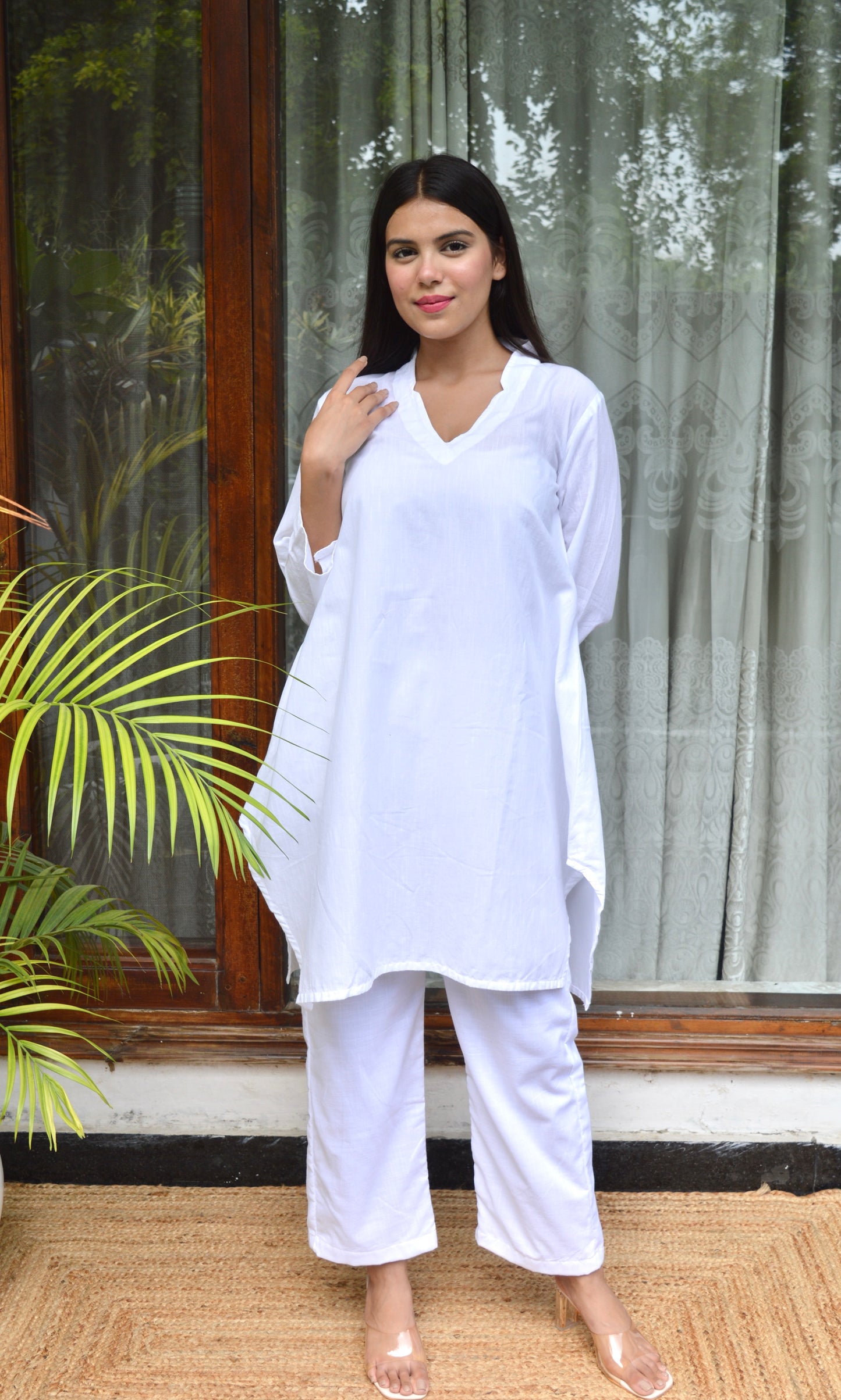 Asymmetric White Cotton Collar Co-ord Set