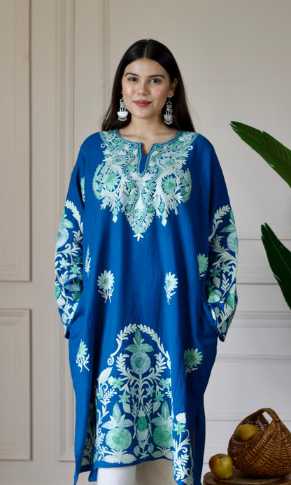 Blue Aari Embroidered Wool Pheran