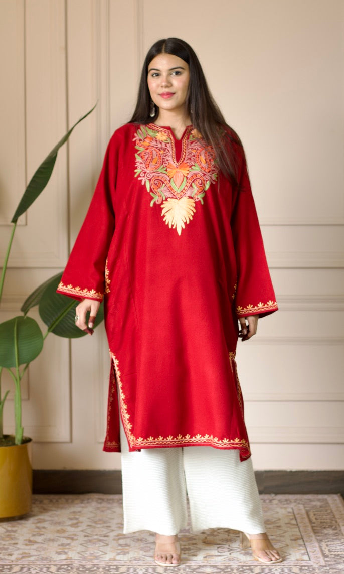Ruby Flame  Aari Embroidered Fine Cashmilon Pheran