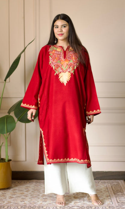 Ruby Flame  Aari Embroidered Fine Cashmilon Pheran
