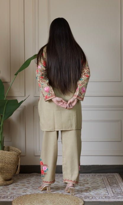 Beige Kashmiri Aari Woollen Co-ord Set – Blush Bloom
