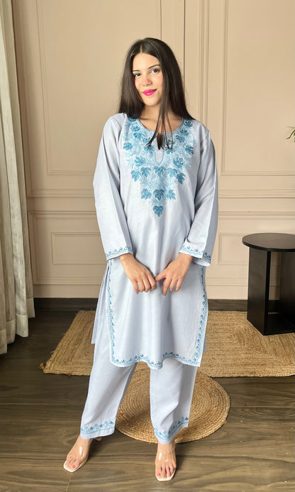 Blue Bliss Aari Embroidered Grey Cotton Co-ord Set