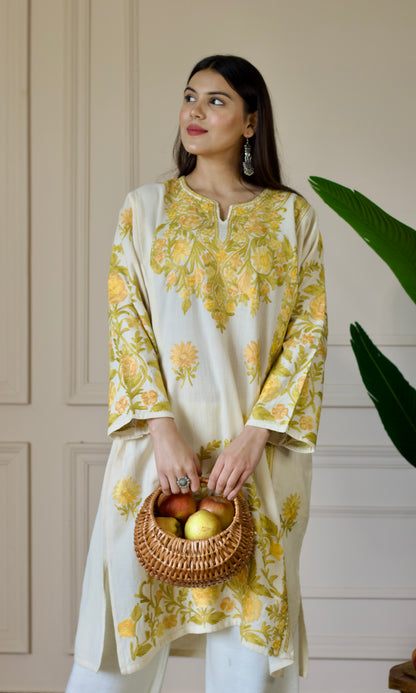 Ivory Bloom Yellow Aari Embroidered Wool Pheran