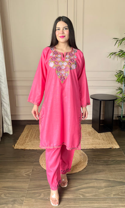 Hot Pink Aari Embroidered Cotton Co-ord Set