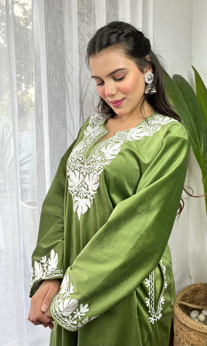 Light Green Aari Embroidered Kashmiri Velvet Suit