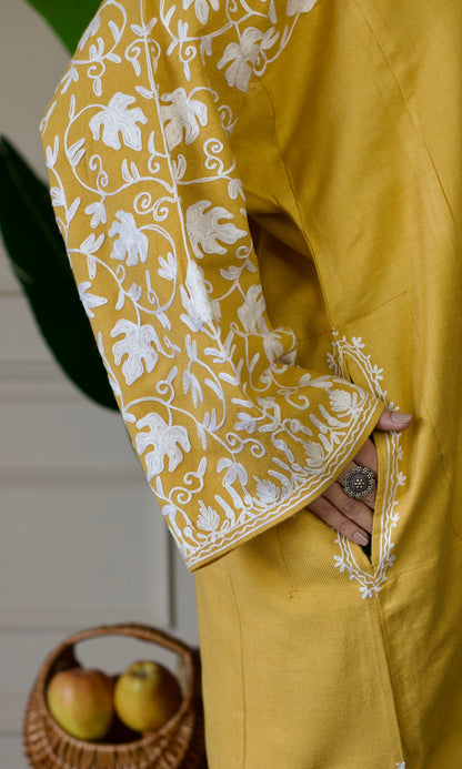 Yellow Cashmilon Pheran with White Aari Embroidery