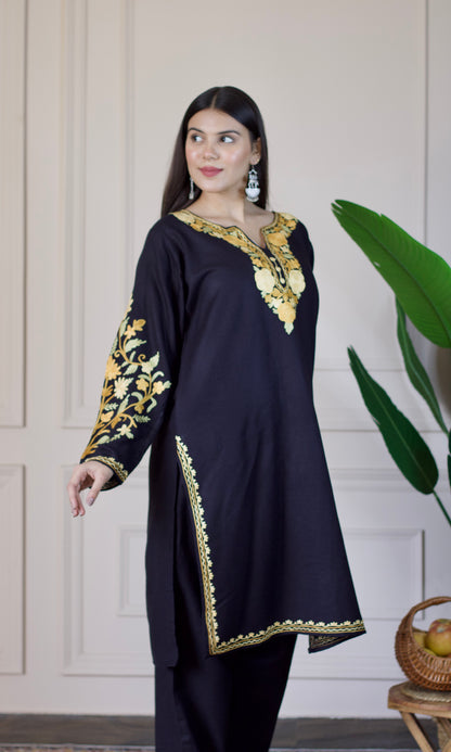 Black Kashmiri Aari Woollen Co-ord Set - Golden Dawn