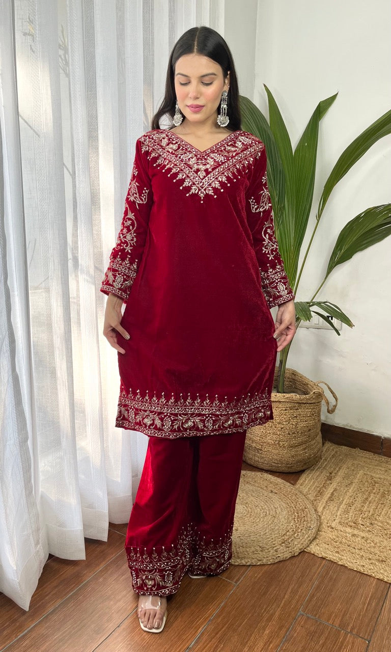 Red Velvet Suit with Flowing Dupatta