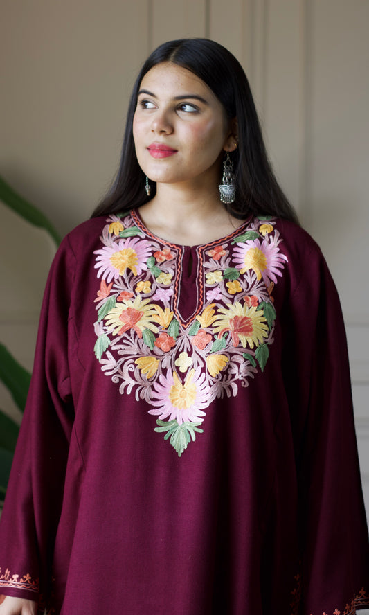 Floral Wine Aari Embroidered Fine Cashmilon Pheran
