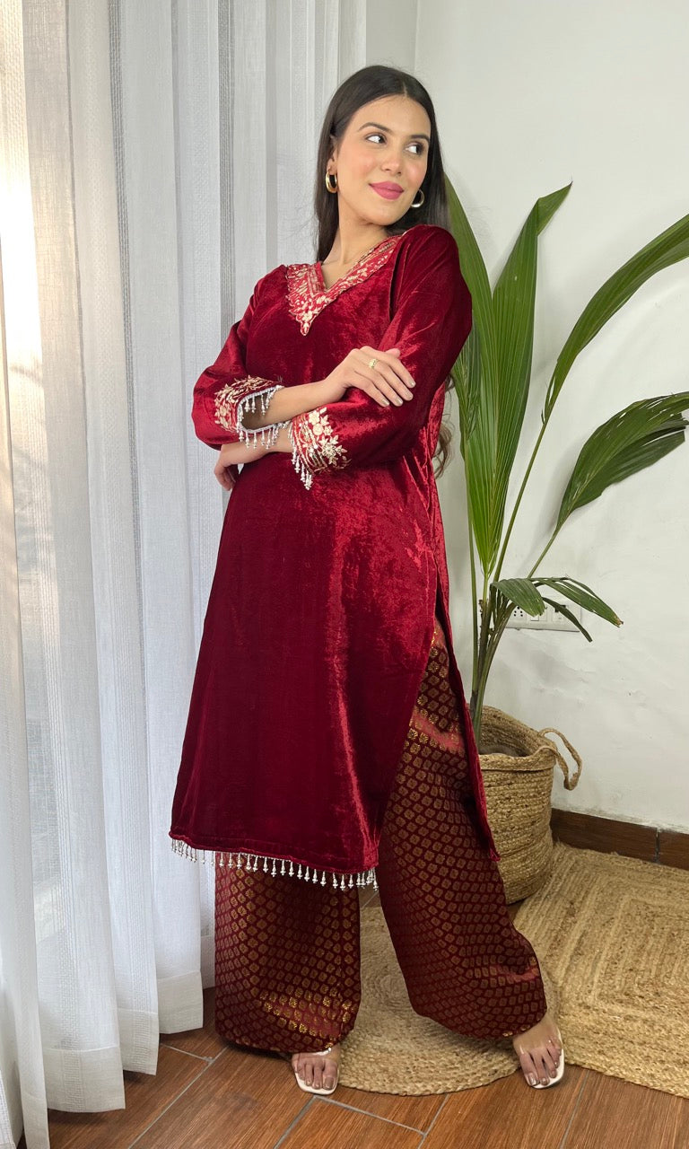 Wine Velvet Suit with Flowing Dupatta