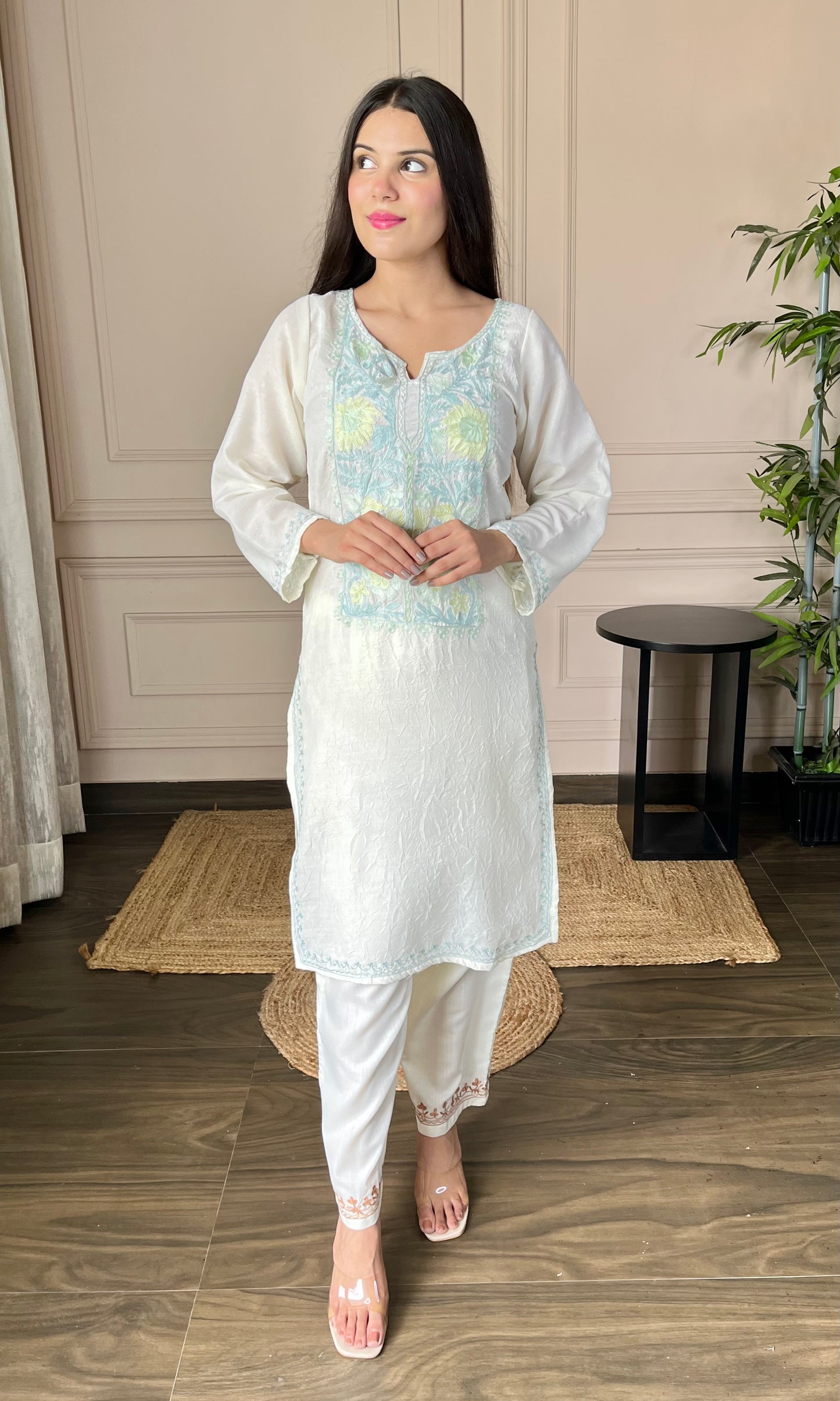 Summer Breeze Aari Embroidered White Crushed Cotton Kurti