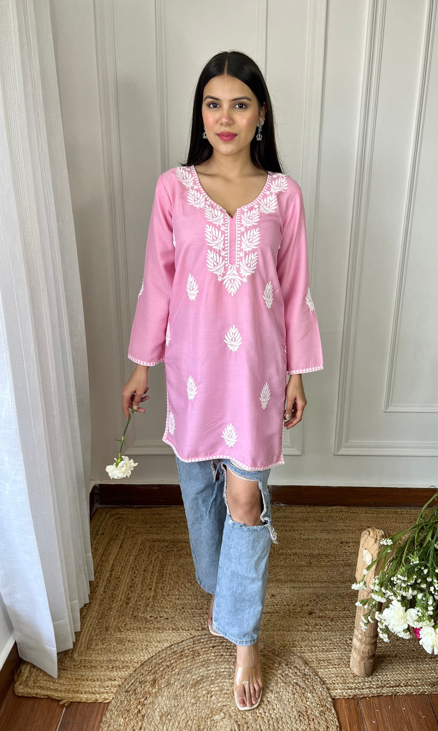 Light Pink Chikankari Short Kurta