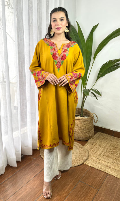 Mustard Bloom Pink Aari Embroidered Fine Cashmilon Pheran