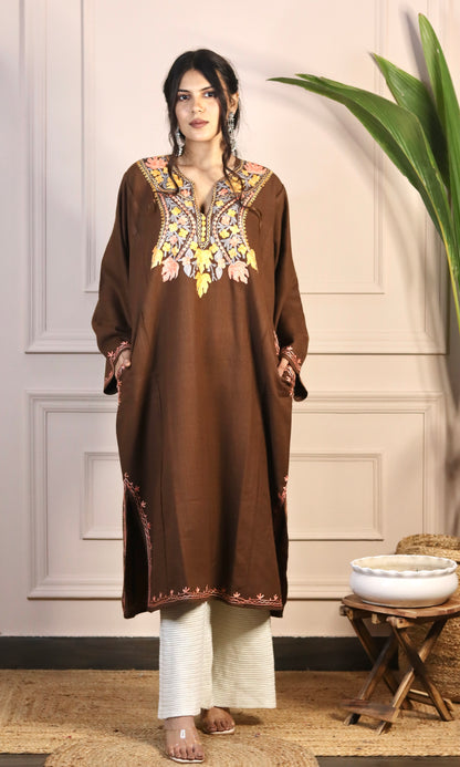 Chocolate Brown Aari Embroidered Fine Cashmilon Pheran