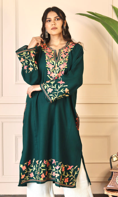 Bottle Green Aari Embroidered Fine Cashmilon Pheran