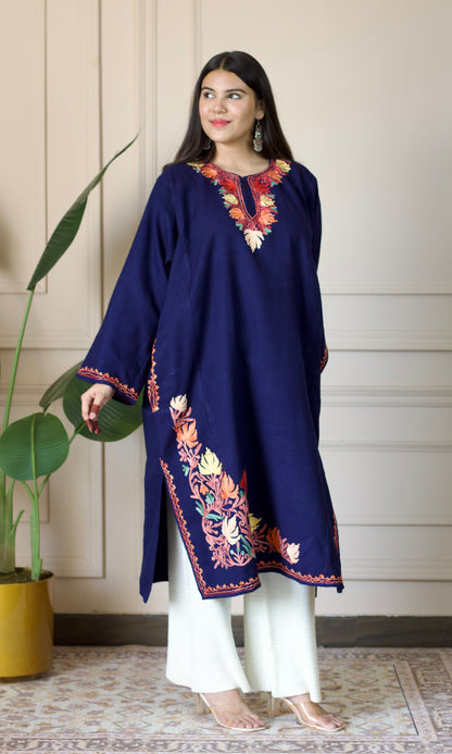 Evening Hues Aari Embroidered Navy Fine Cashmilon Pheran