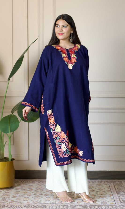 Evening Hues Aari Embroidered Navy Fine Cashmilon Pheran