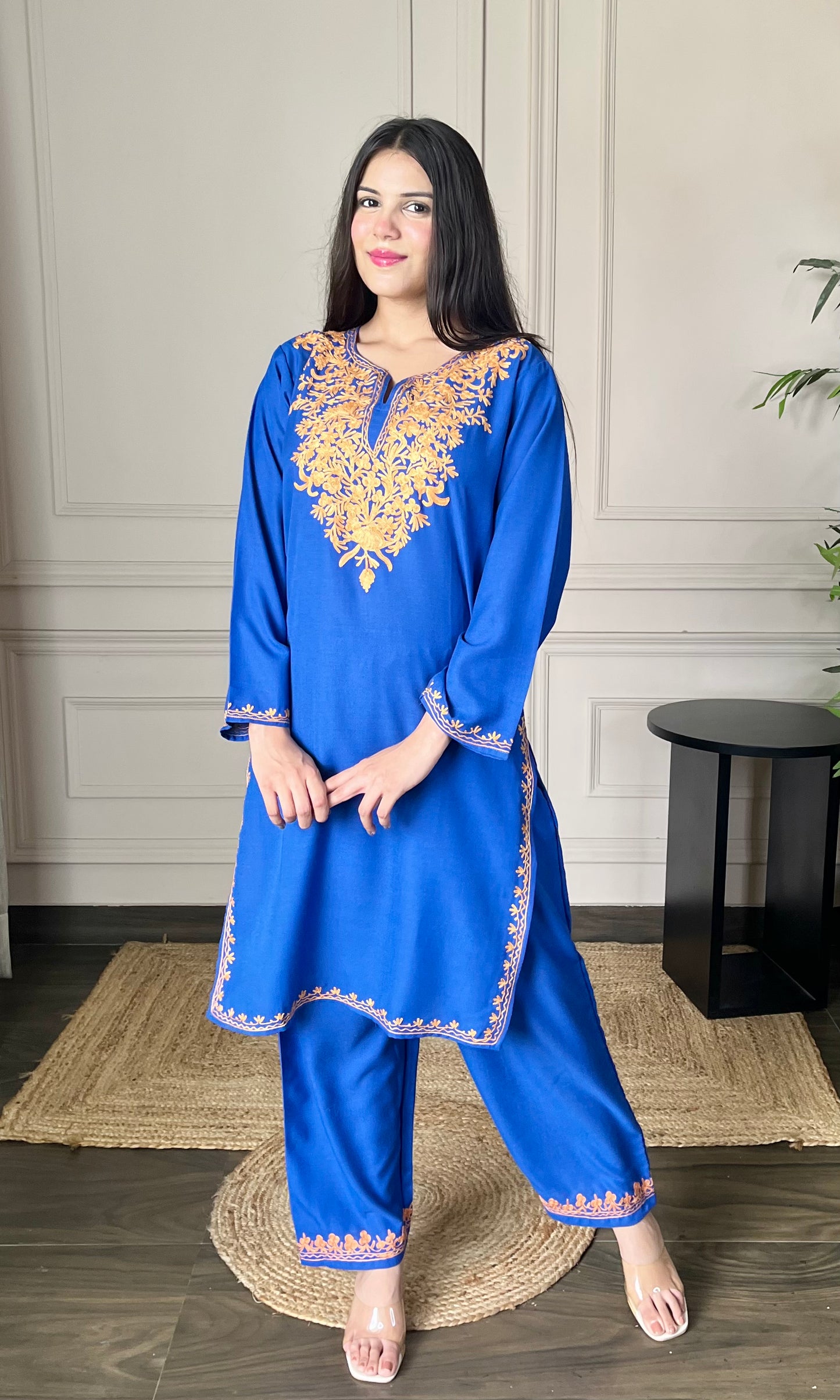 Blue Aari Embroidered Cotton Co-ord Set with Bronze Accents