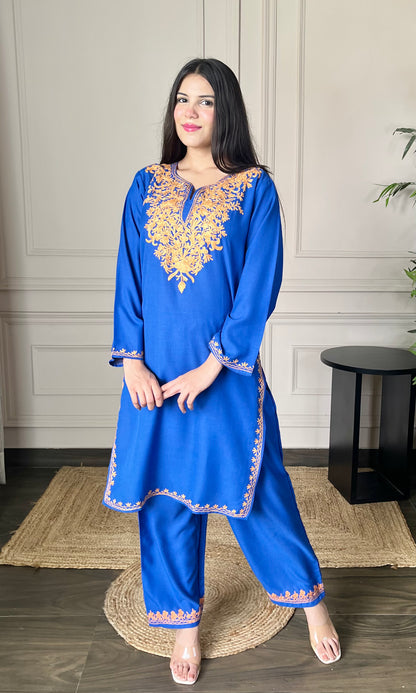 Blue Aari Embroidered Cotton Co-ord Set with Bronze Accents