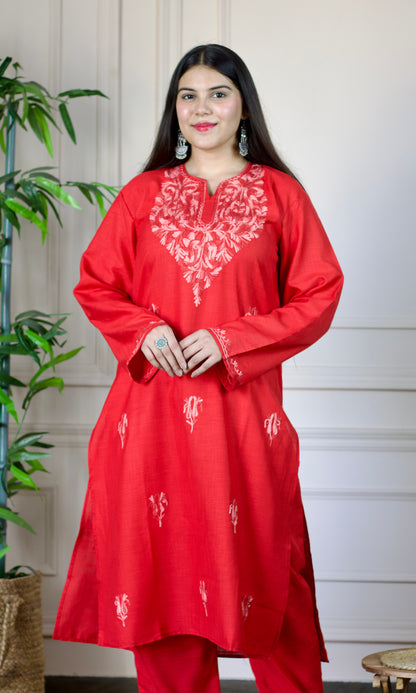 Red Aari Embroidered Cotton Co-ord Set