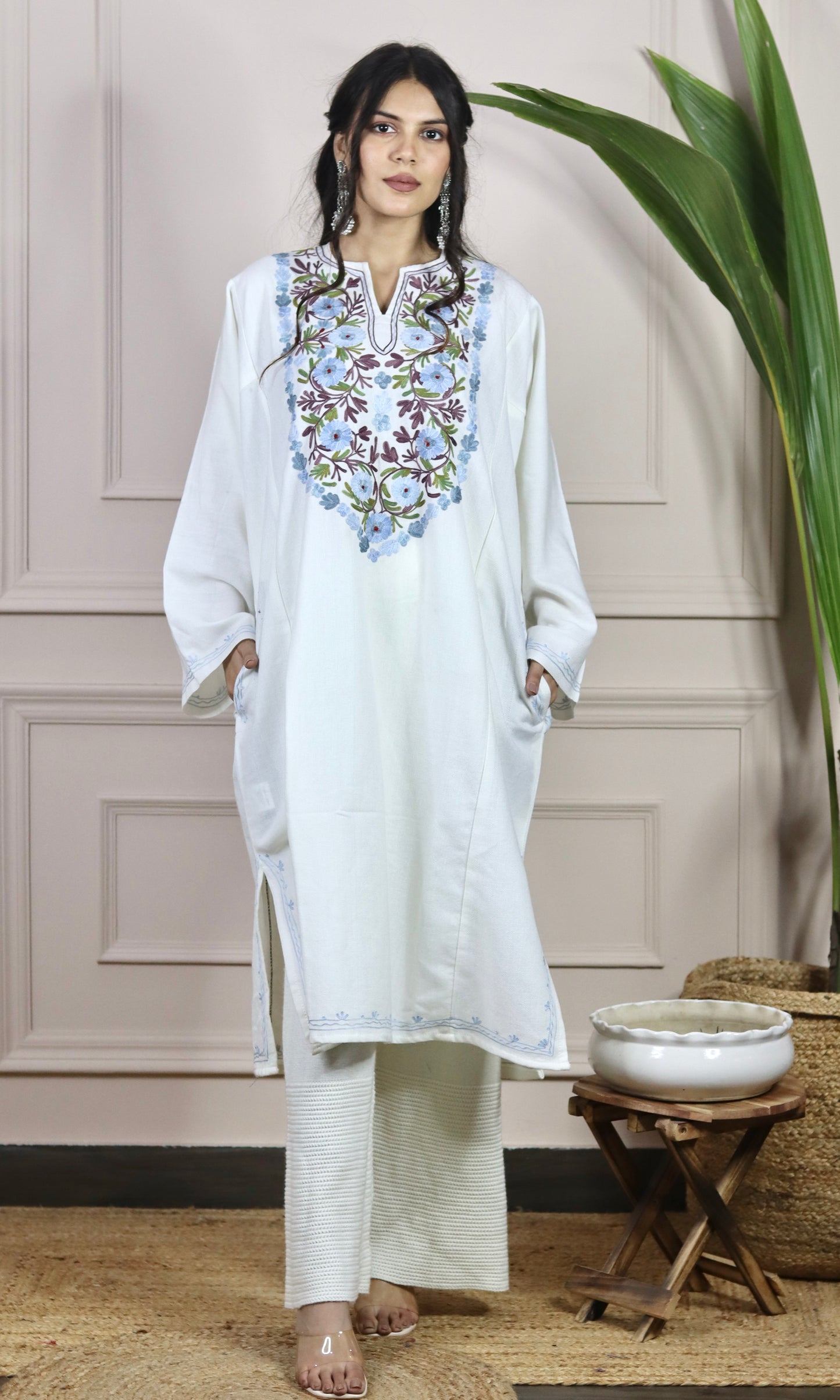 Sapphire Sky White Aari Embroidered Fine Cashmilon Pheran