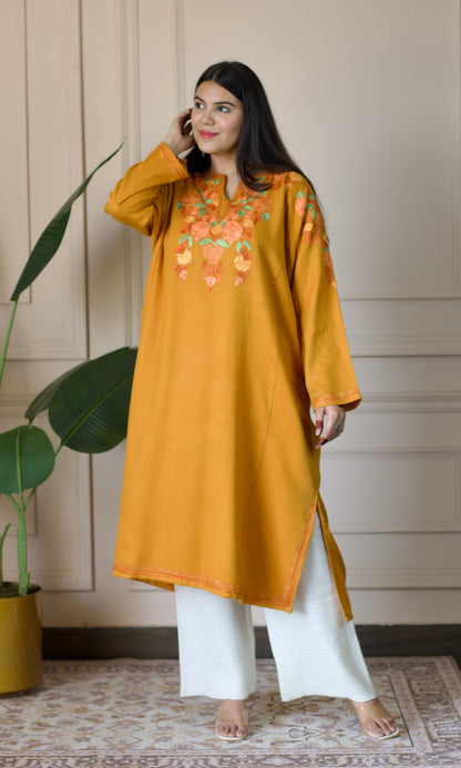 Saffron Bloom Aari Embroidered Mustard Fine Cashmilon Pheran