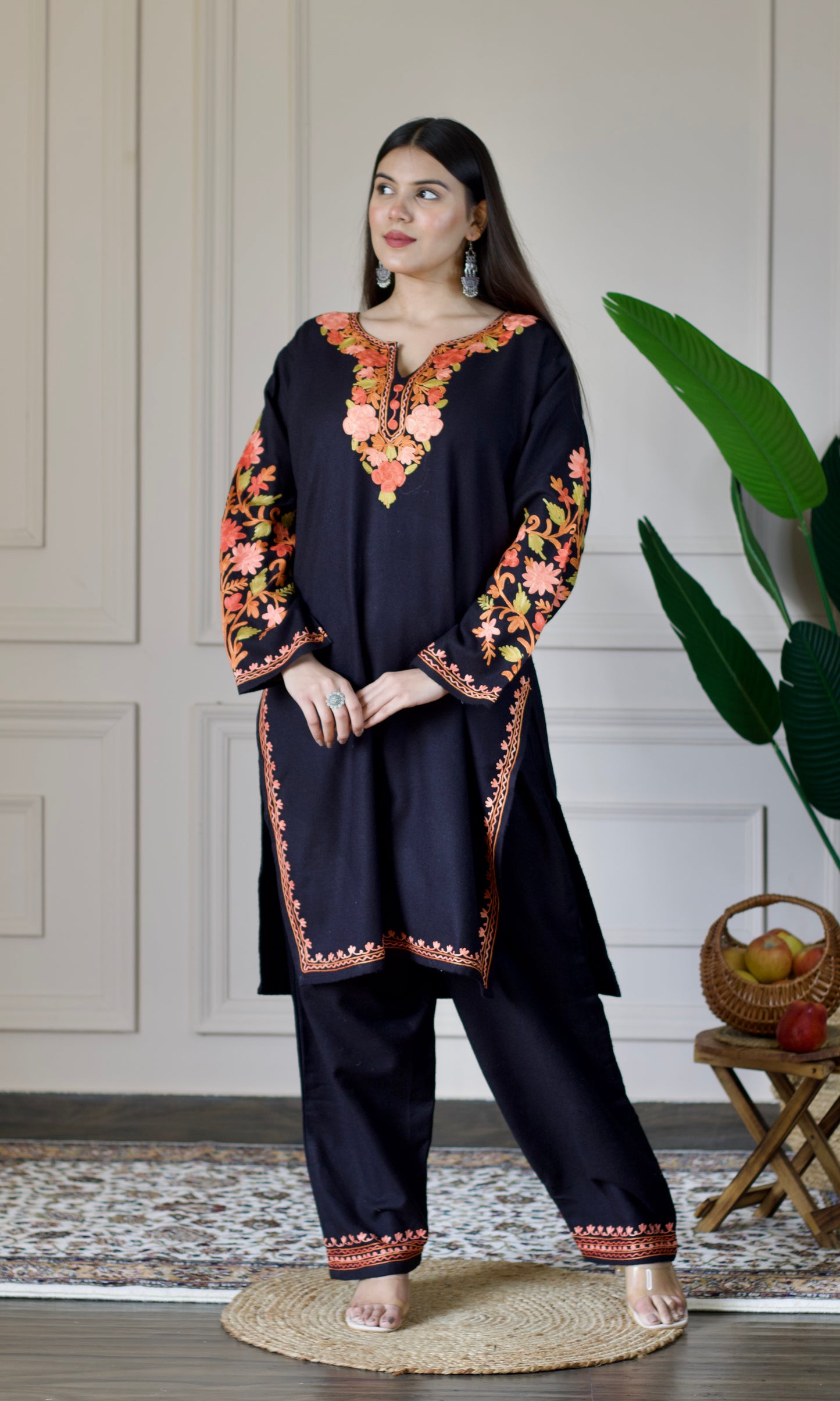 Black Kashmiri Aari Woollen Co-ord Set - Saffron Glow