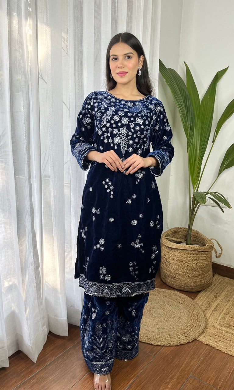 Deep Blue Velvet Suit with Flowing Dupatta