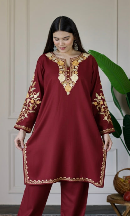 Red Kashmiri Aari Woollen Co-ord Set - Golden Dawn