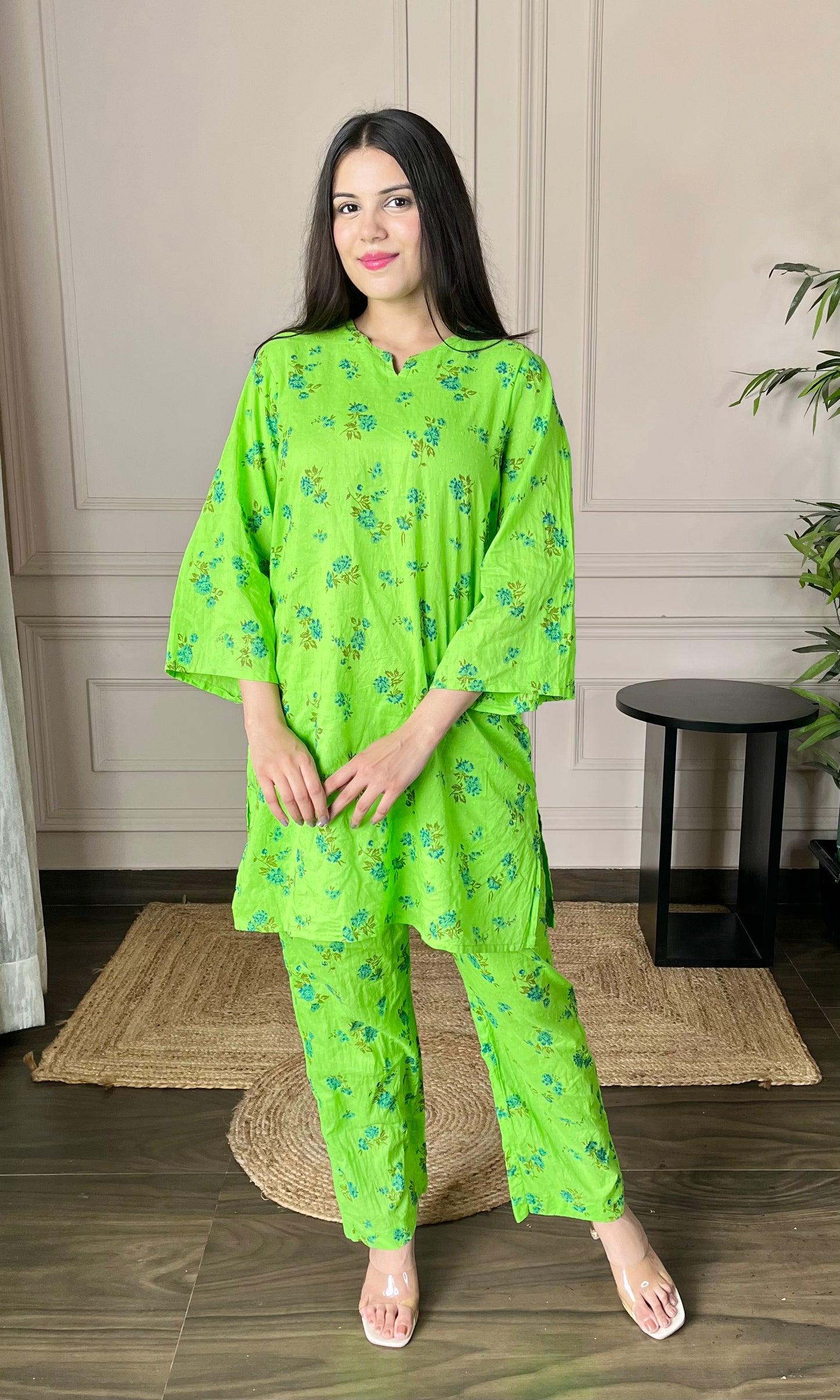 Neon Green Relaxed Fit Cotton Co-ord Set with Bell Sleeves