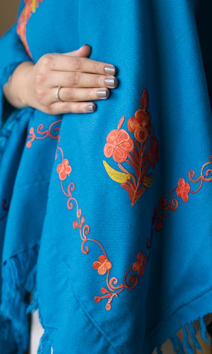 Sky Blue Aari Embroidered Fine Cashmilon Poncho