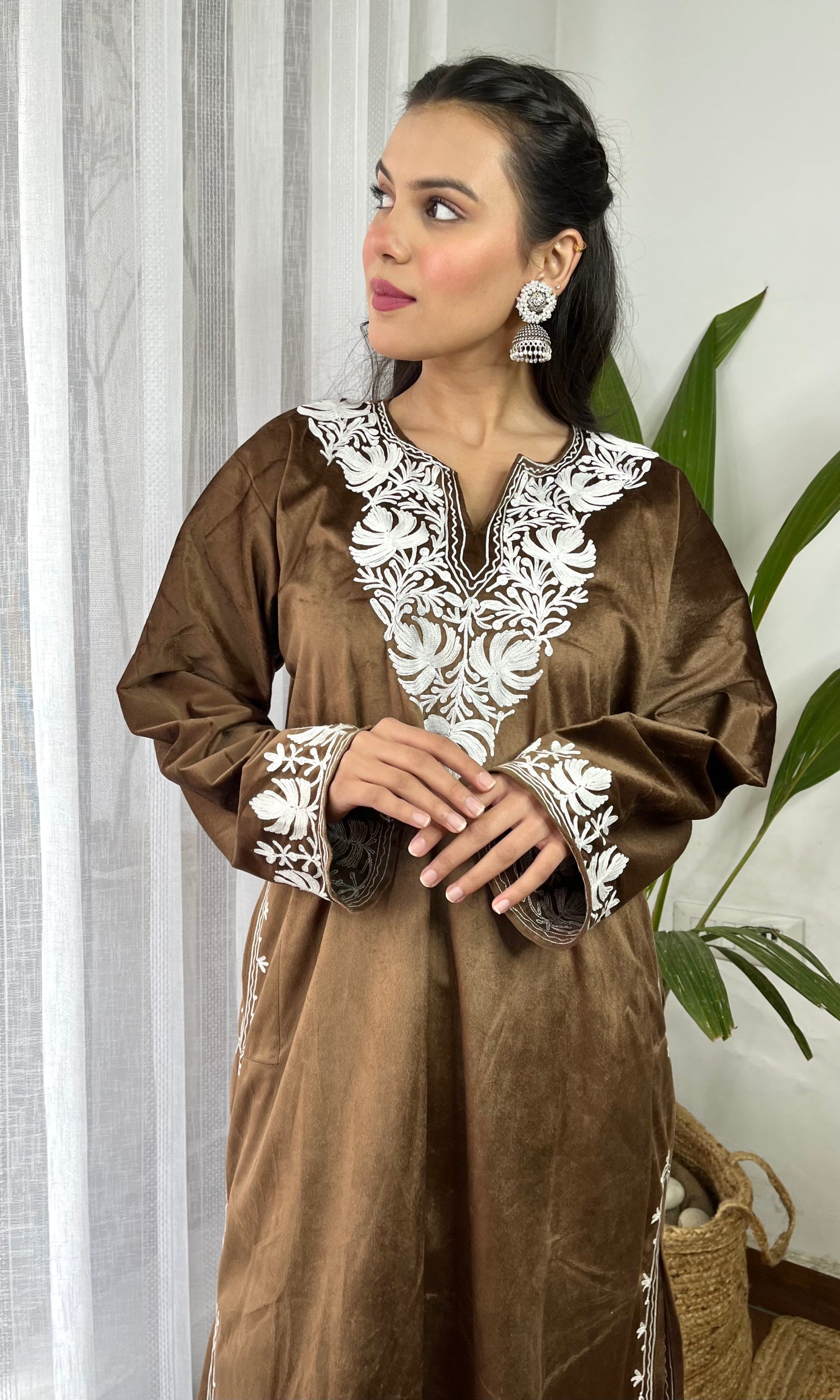 Brown Aari Embroidered Kashmiri Velvet Suit