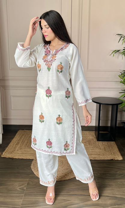 White Aari Embroidered Crushed Cotton Kurti