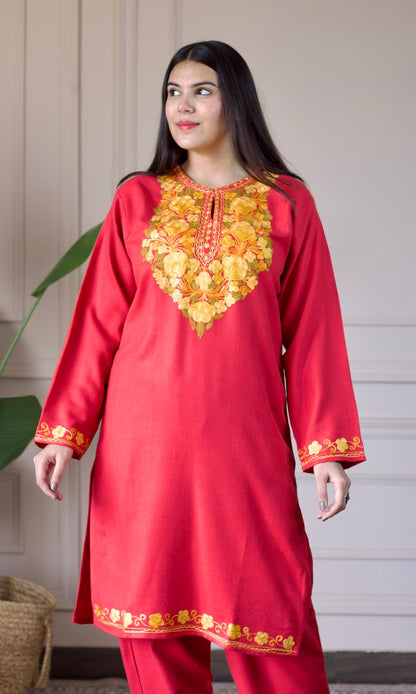 Pink Kashmiri Aari Woollen Co-ord Set - Golden Glow