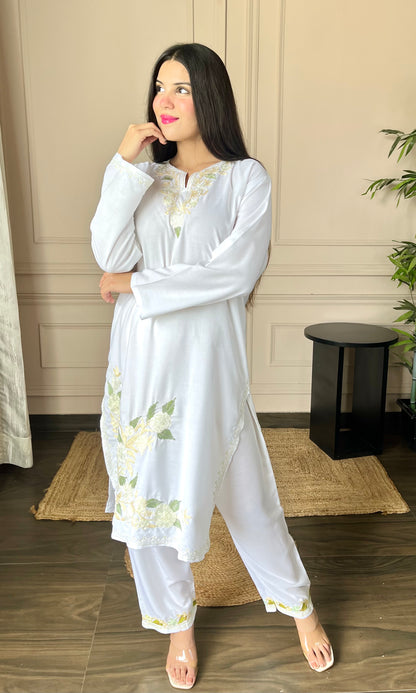 Basic White Aari Embroidered Cotton Co-ord Set