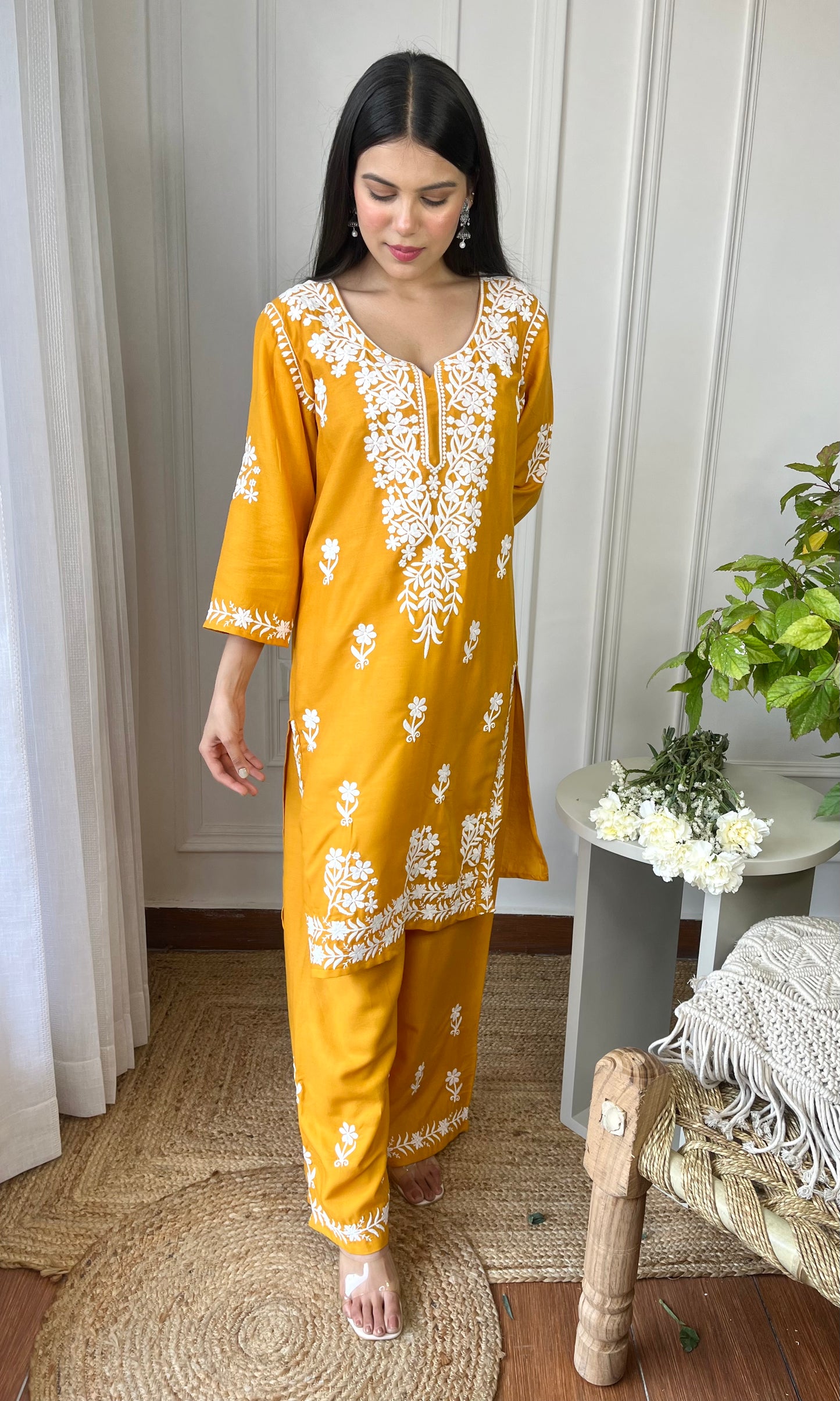 Mustard Yellow Chikankari Kurta Set